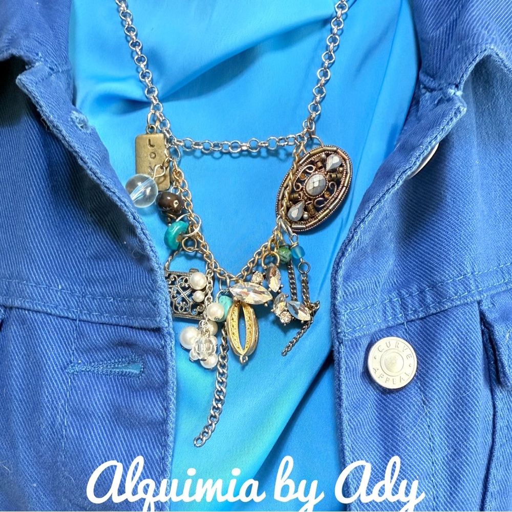 Rustic Turquoise Silver Statement Big Charms Neck… - image 2